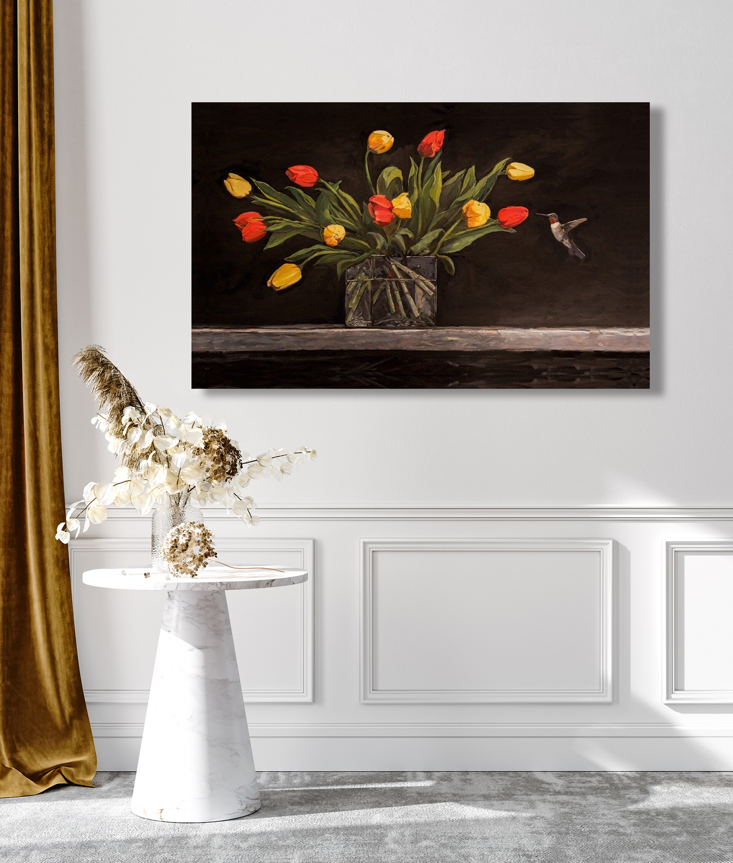Hummingbird and Tulips Artist Enhanced Canvas Print