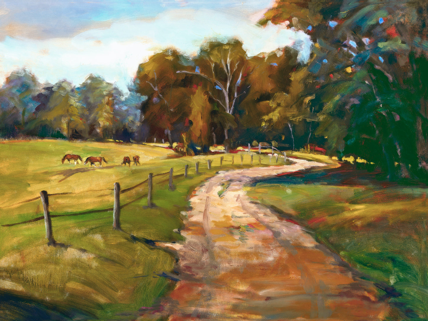Country Path with Horses Glossy Poster Print