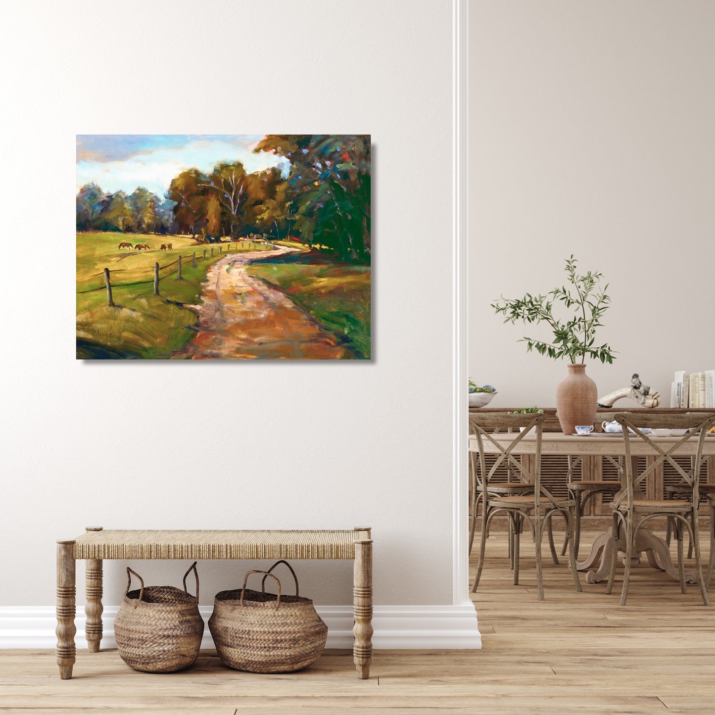 Country Path with Horses High Gloss Metal Print