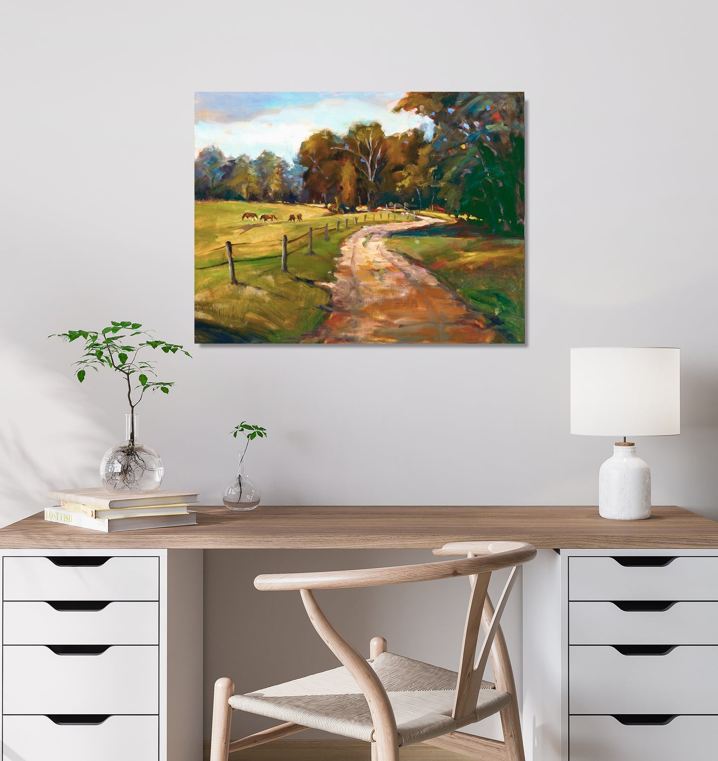 Country Path with Horses High Gloss Metal Print