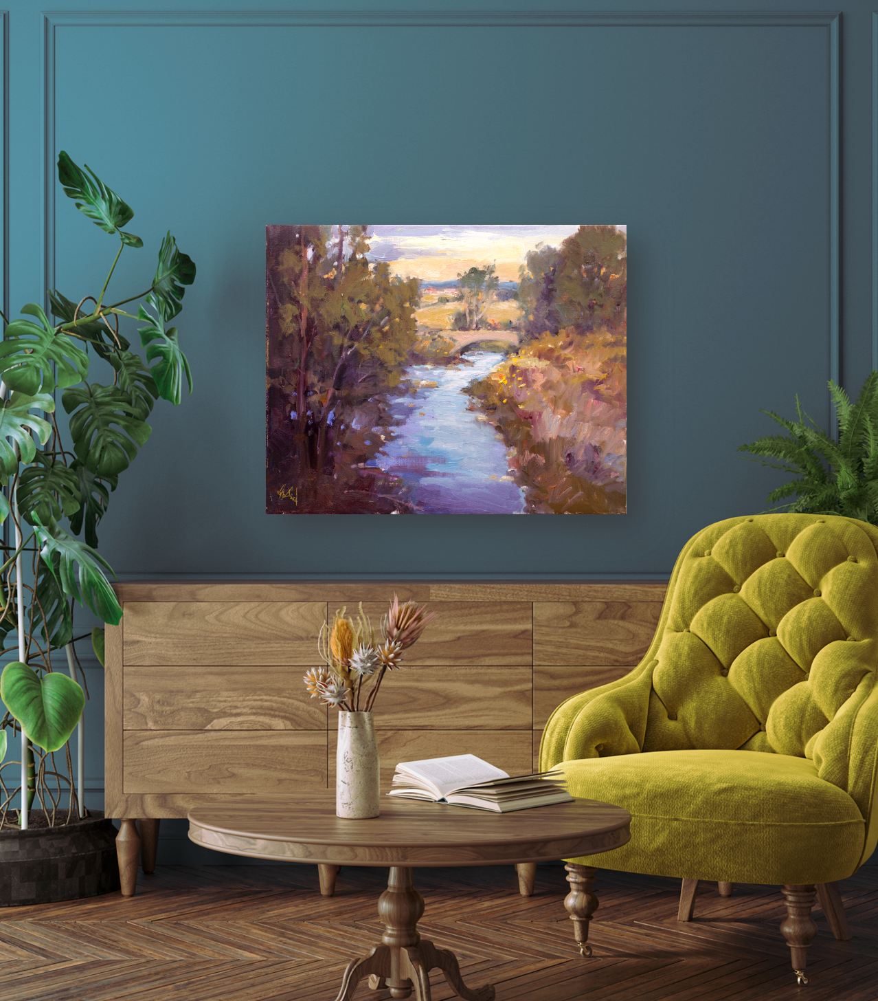 Creek with Bridge Artist Enhanced Canvas Print