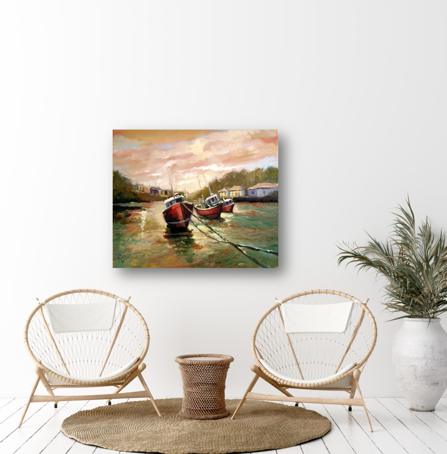 Fishing Boats at Sunset Artist Enhanced Canvas Print