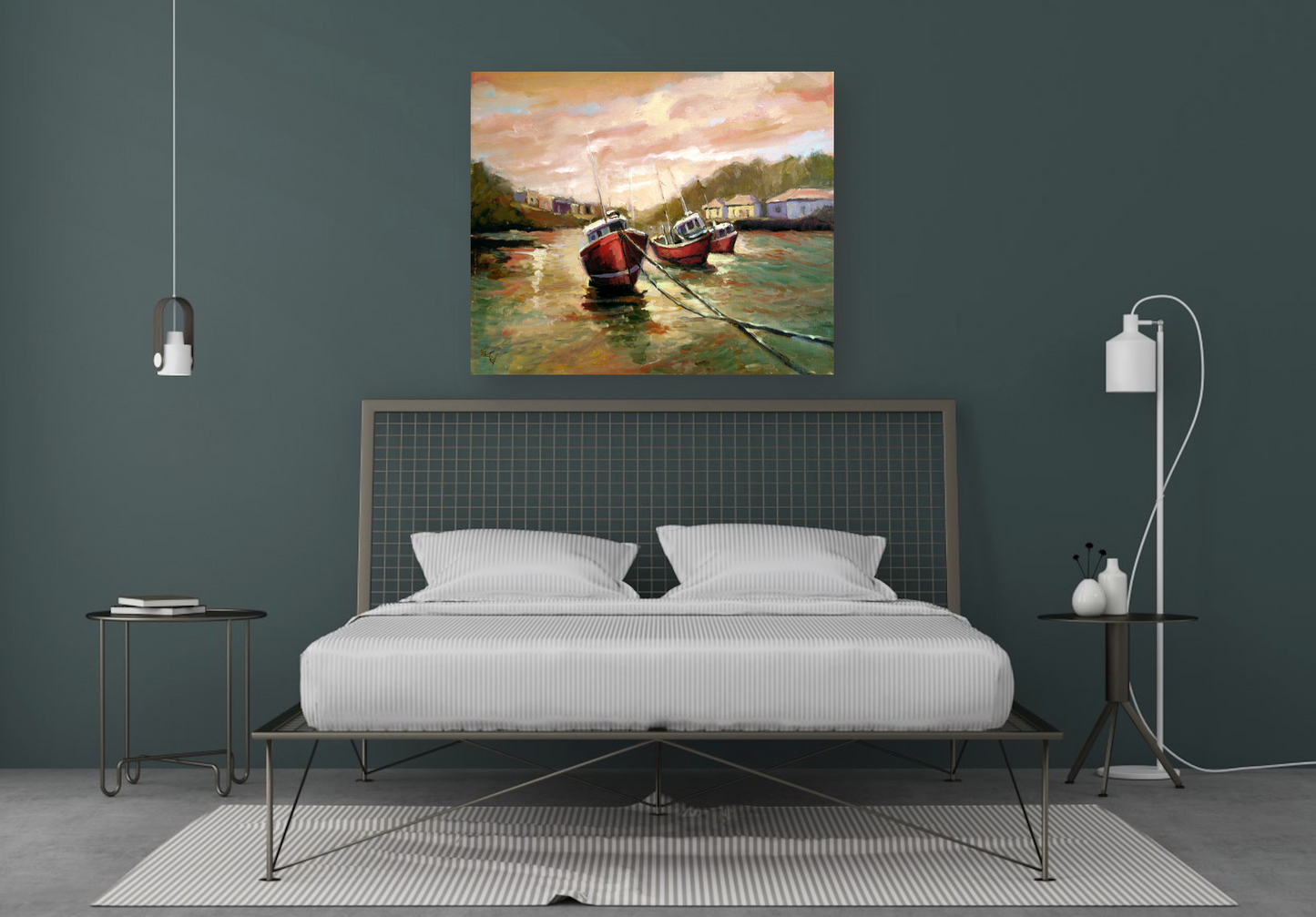 Fishing Boats at Sunset Artist Enhanced Canvas Print