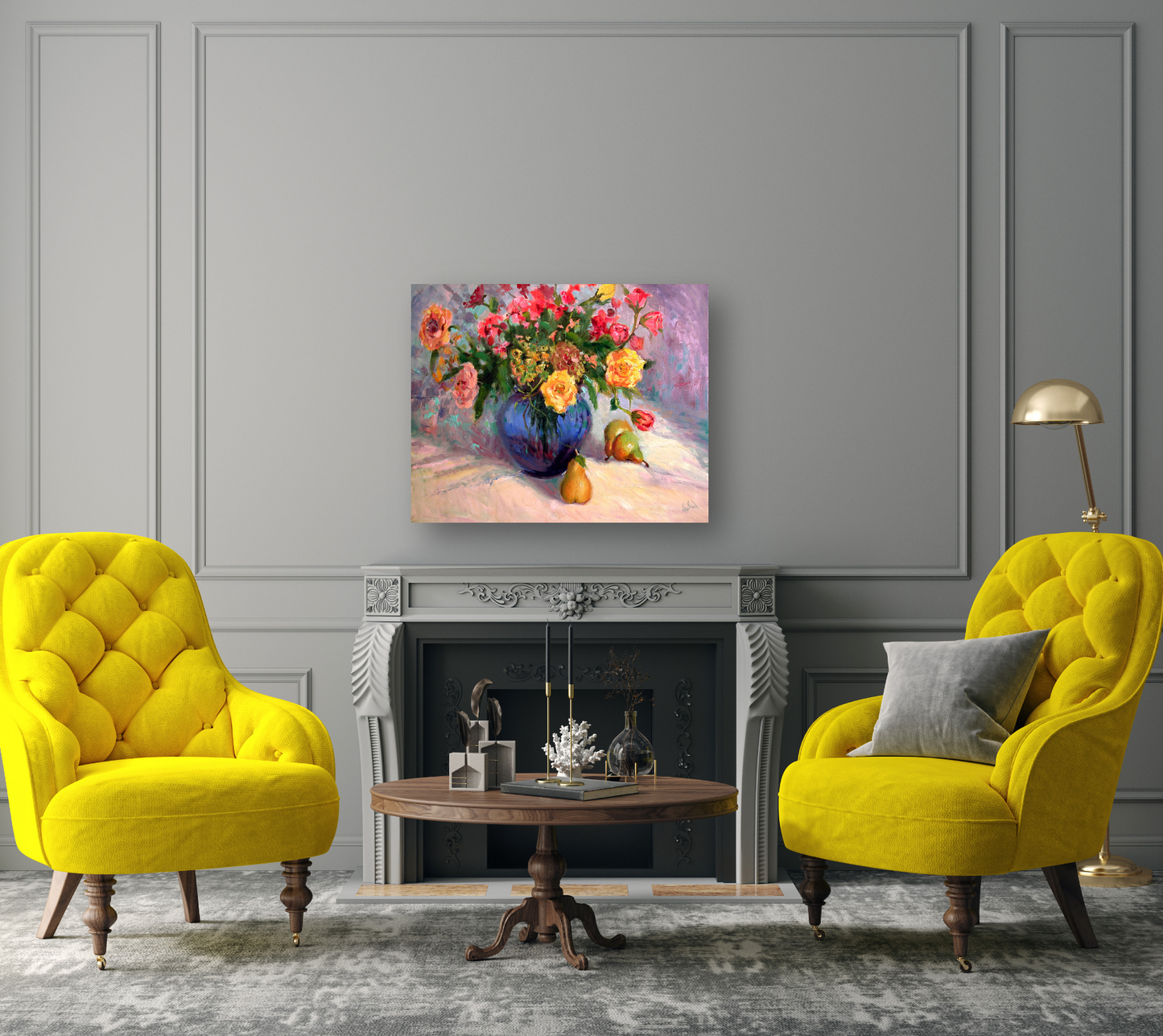 Flowers with Pears Artist Enhanced Canvas Print