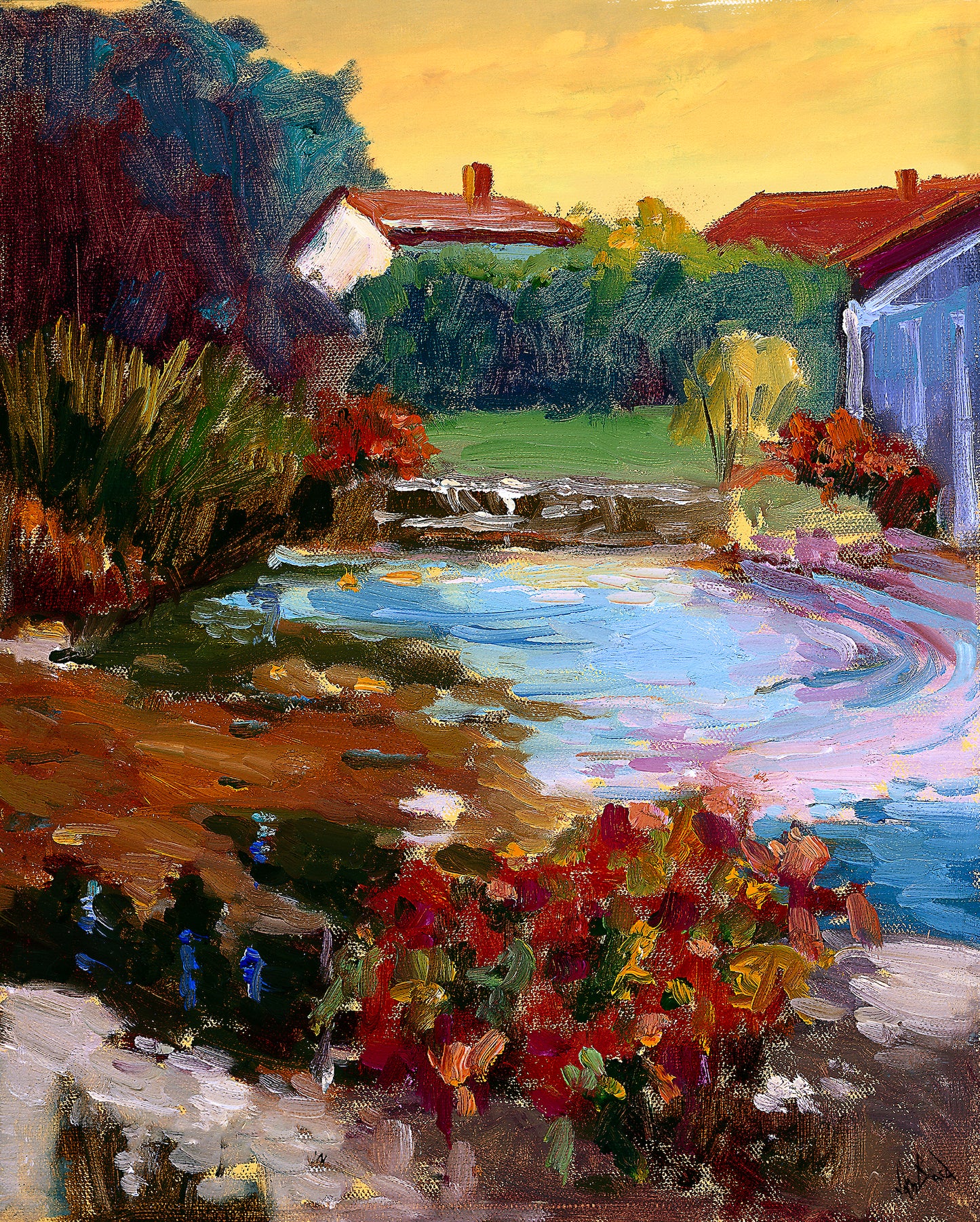 French Village with Pond Artist Enhanced Canvas Print