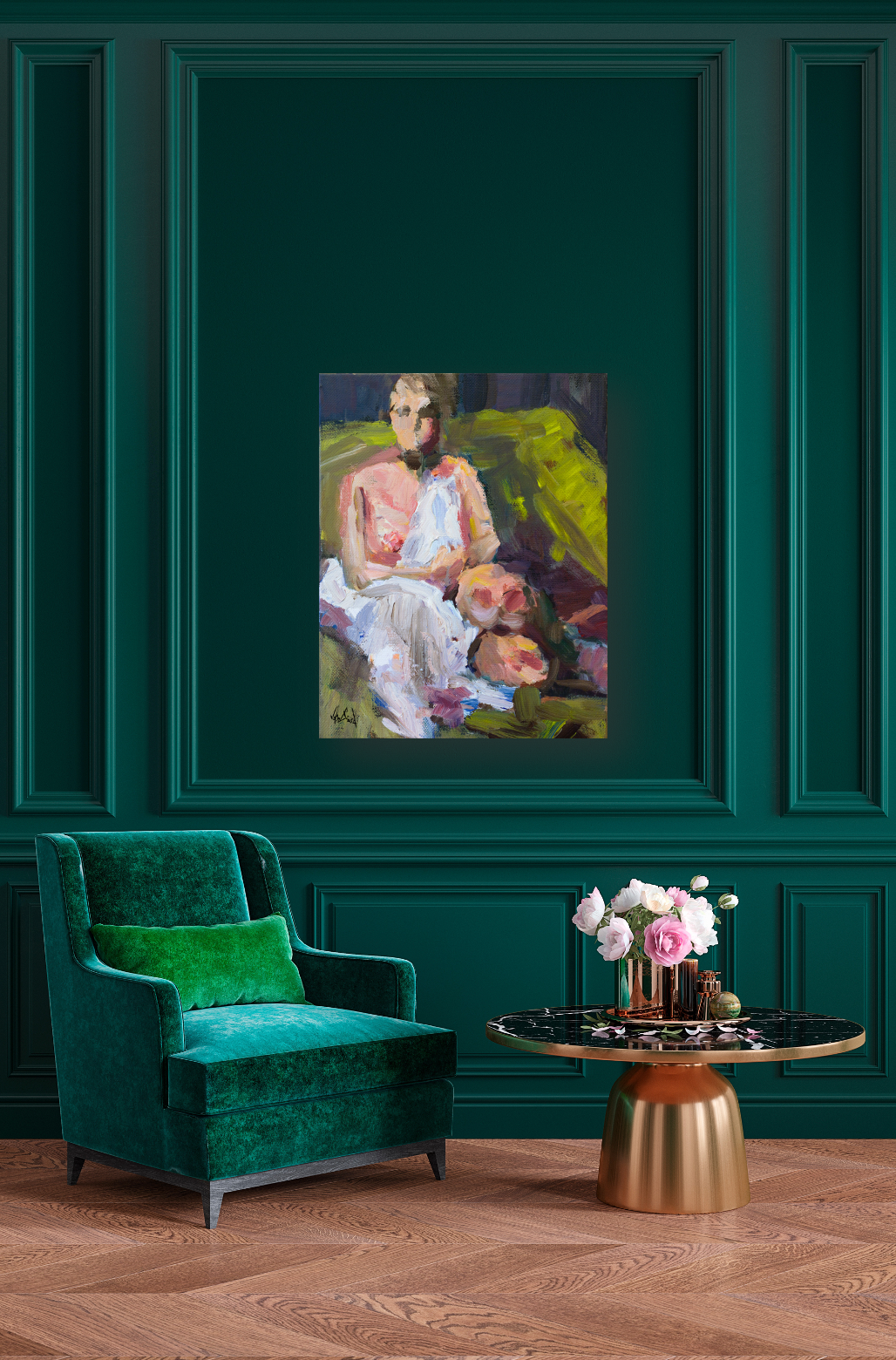 Girl on Green Chair Artist Enhanced Canvas Print