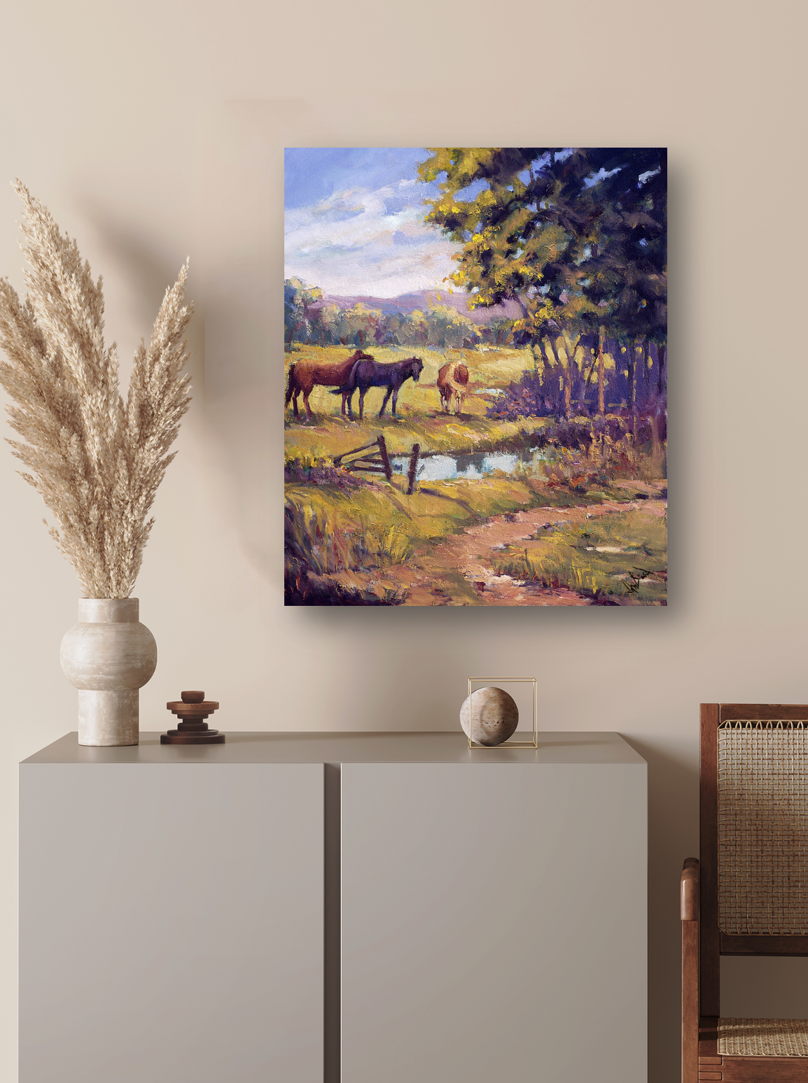 Horses by the Ponds Artist Enhanced Canvas Print