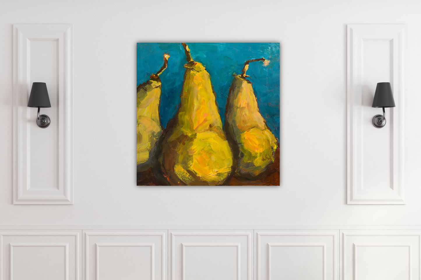 Pears with Teal Glossy Poster Print