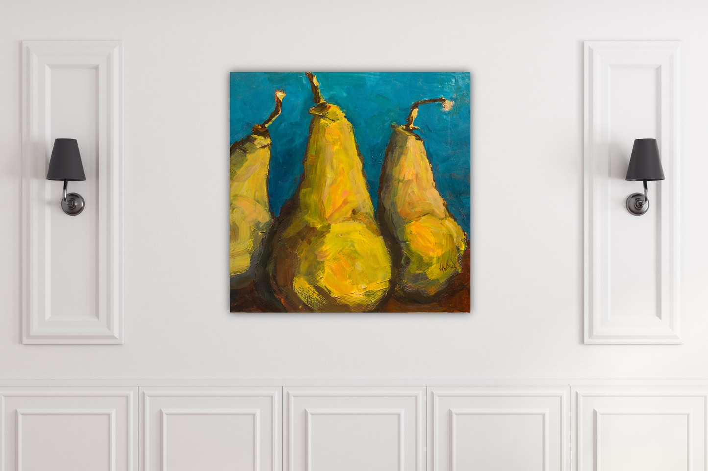 Pears with Teal High Gloss Acrylic Print