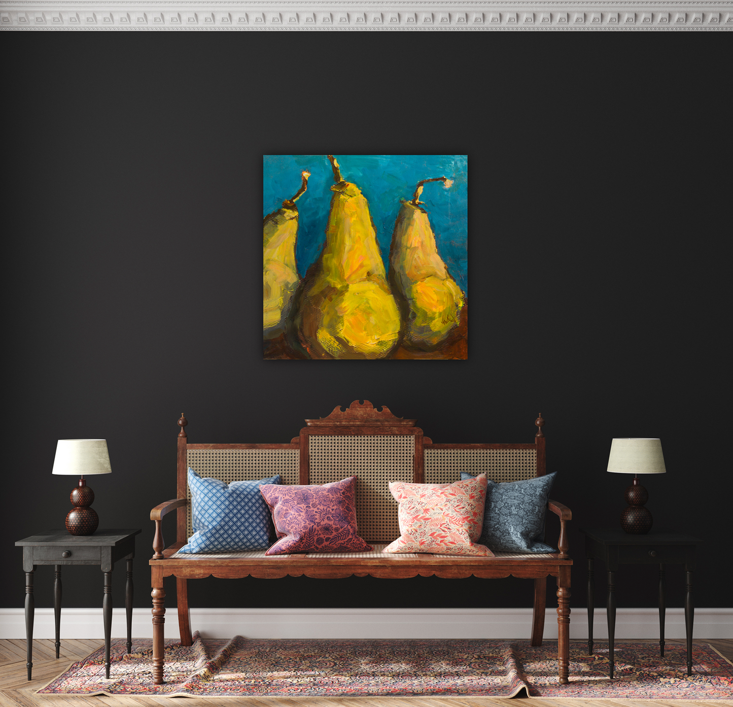 Pears with Teal High Gloss Acrylic Print