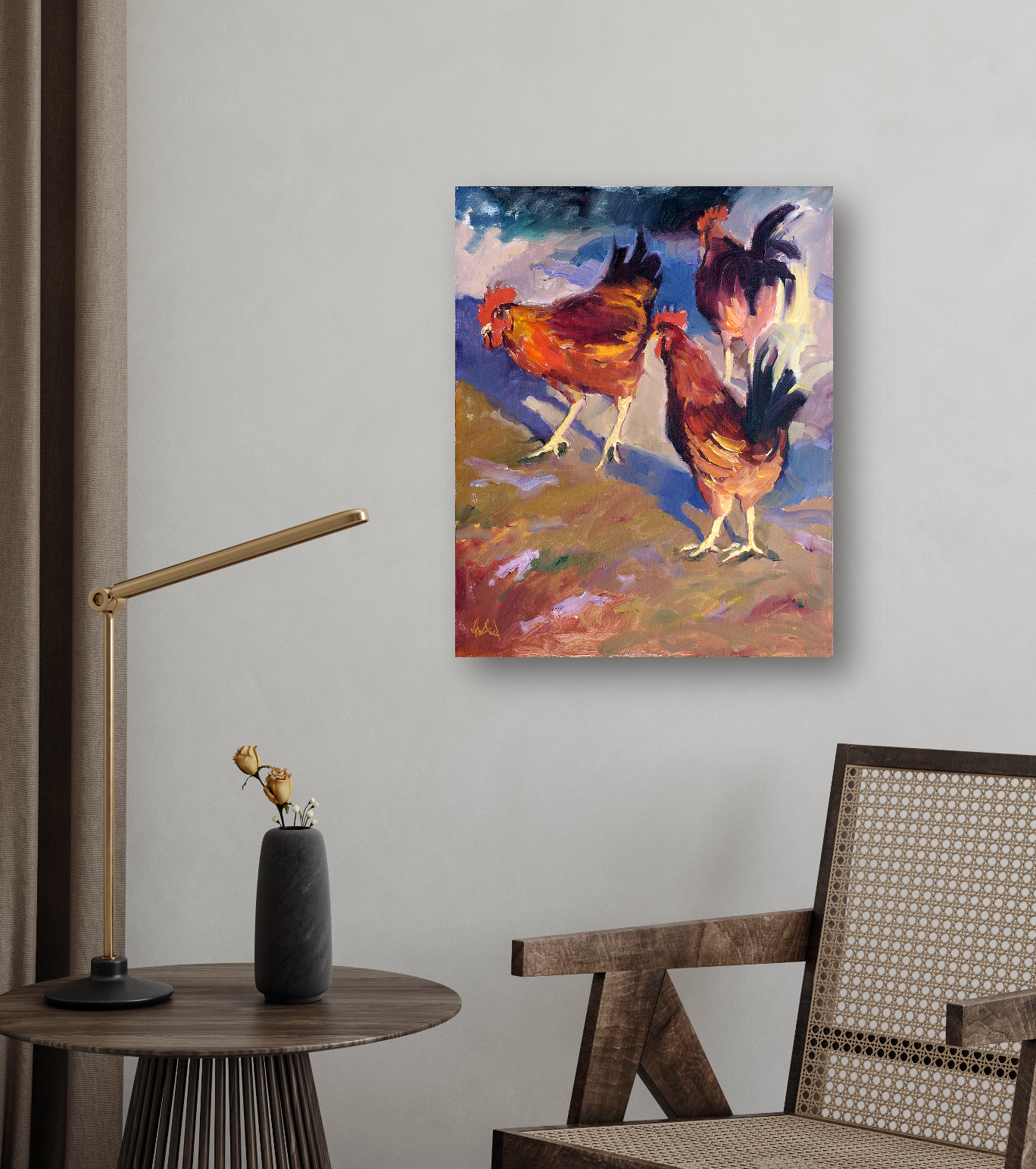 Roosters Artist Enhanced Canvas Print