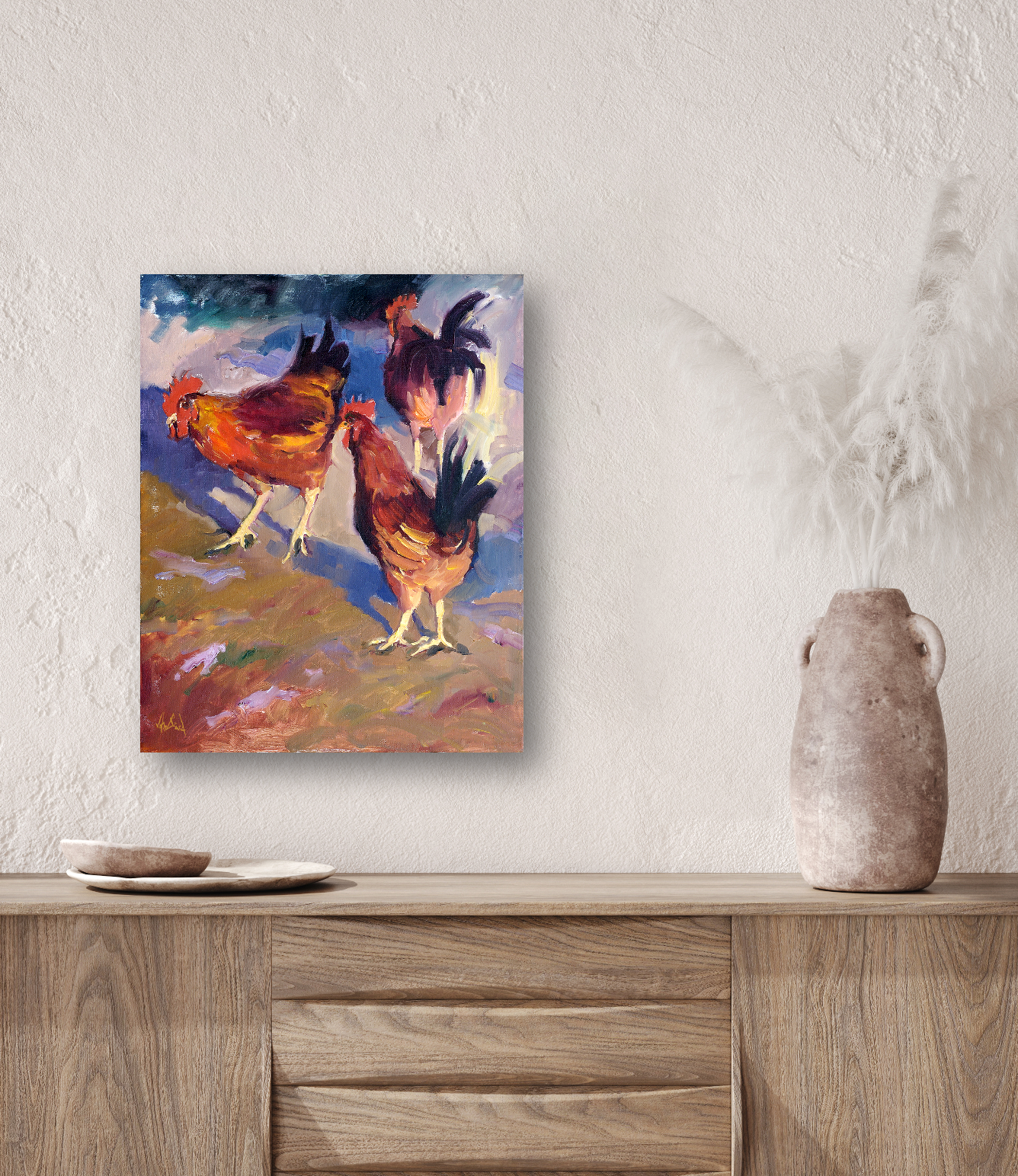 Roosters Artist Enhanced Canvas Print