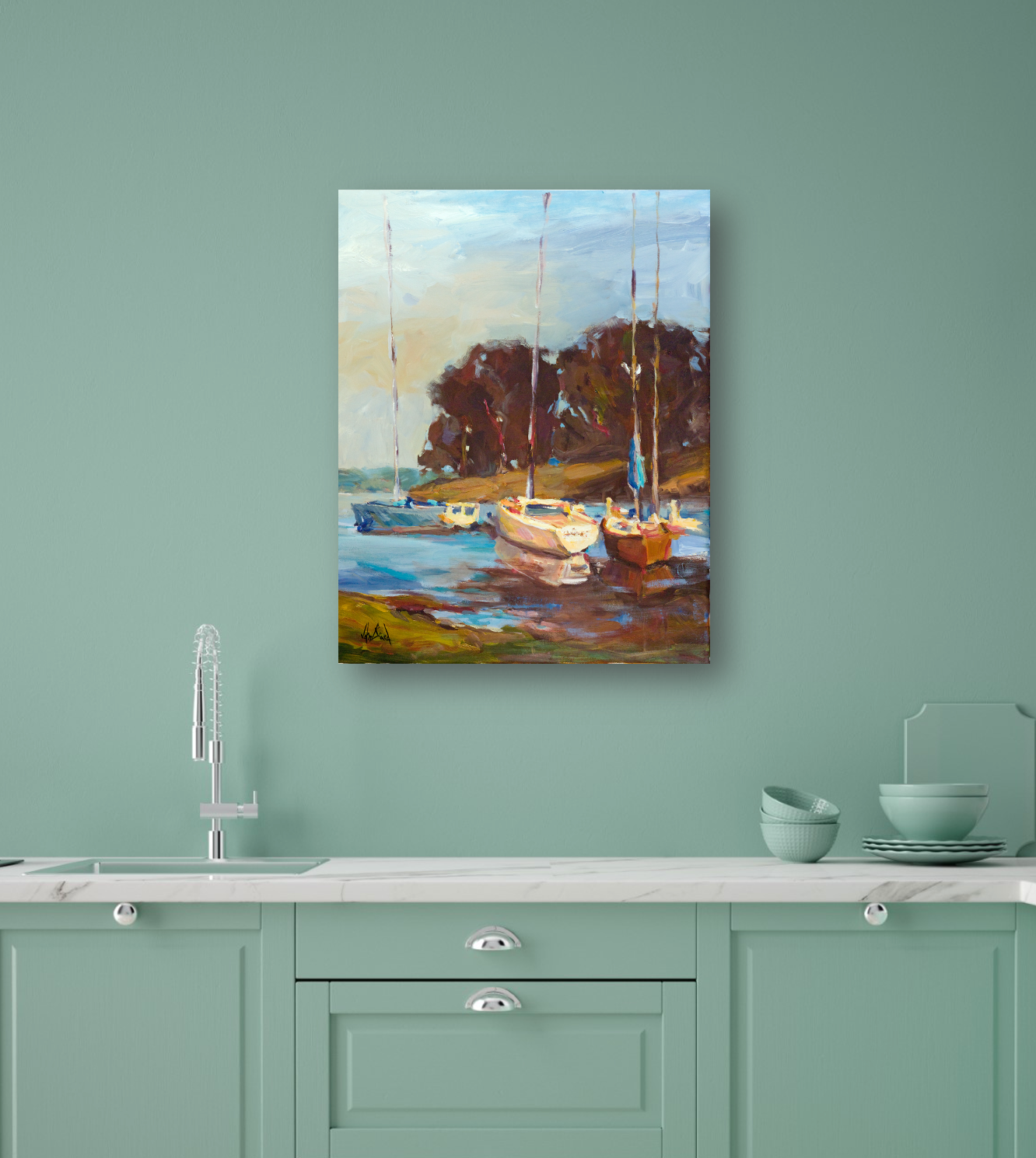 Sailboats in Cove Artist Enhanced Canvas Print