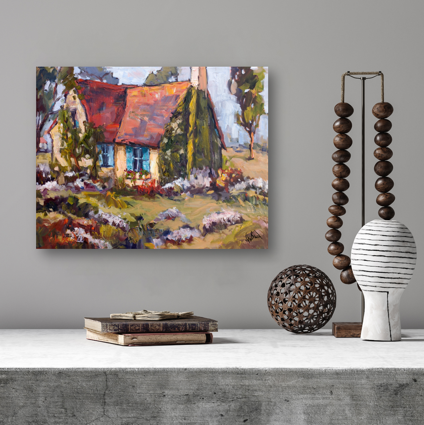 Cottage with Blue Shutters Artist Enhanced Canvas Print