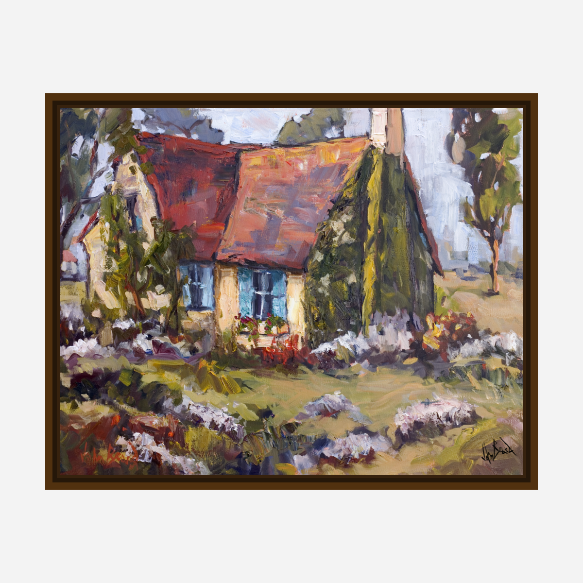 Cottage with Blue Shutters Artist Enhanced Canvas Print