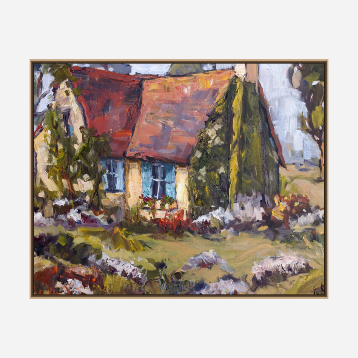 Cottage with Blue Shutters Artist Enhanced Canvas Print