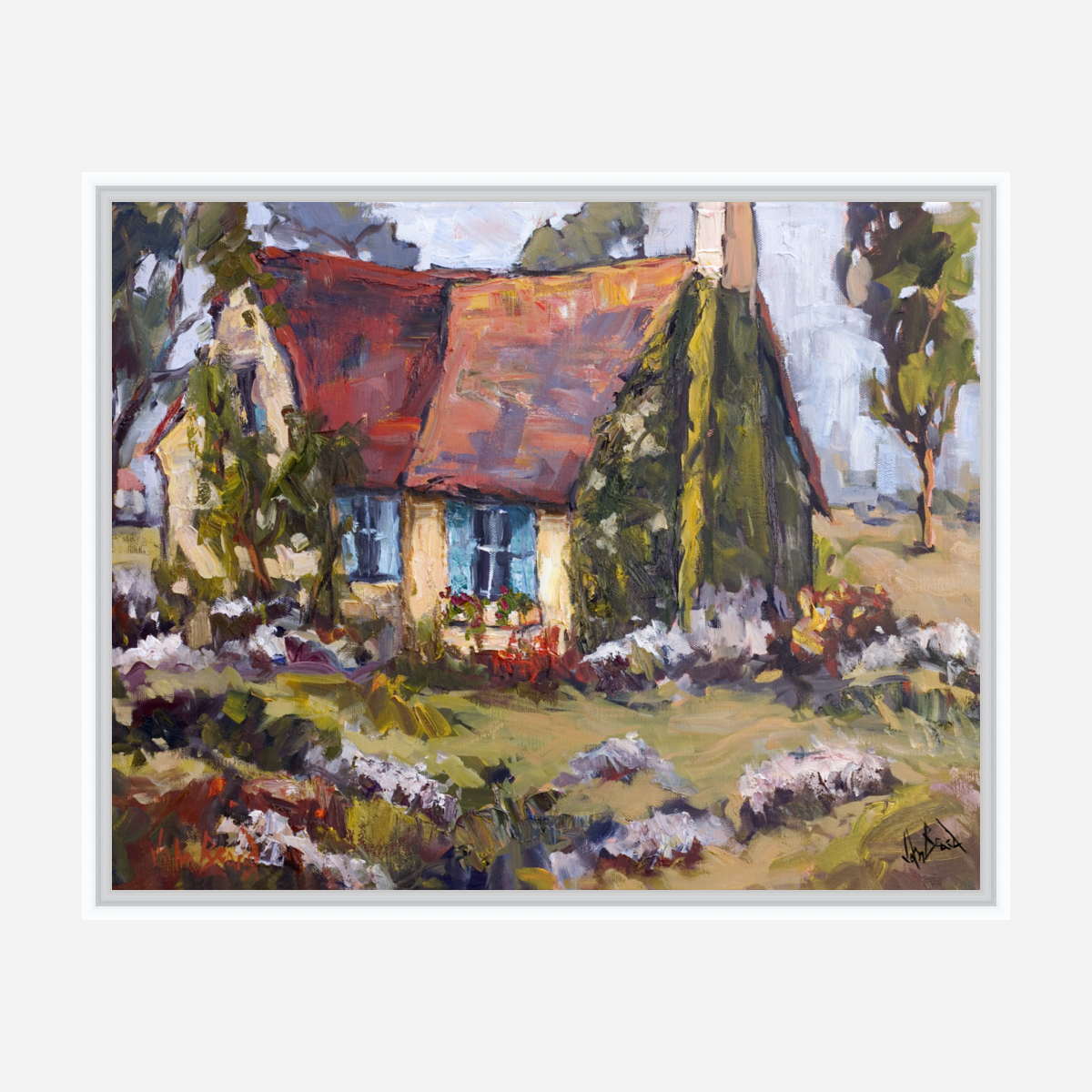 Cottage with Blue Shutters Artist Enhanced Canvas Print