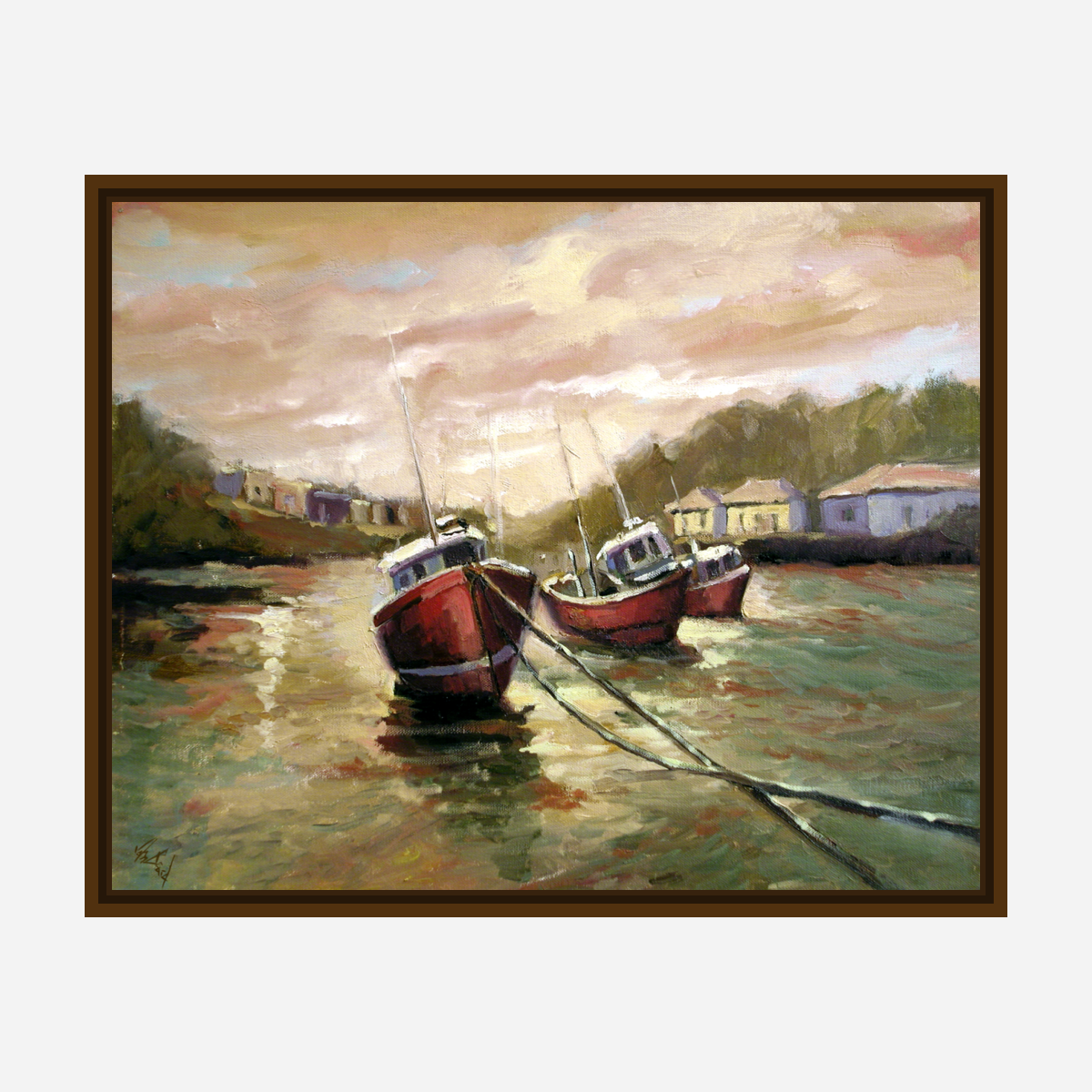 Fishing Boats at Sunset Artist Enhanced Canvas Print