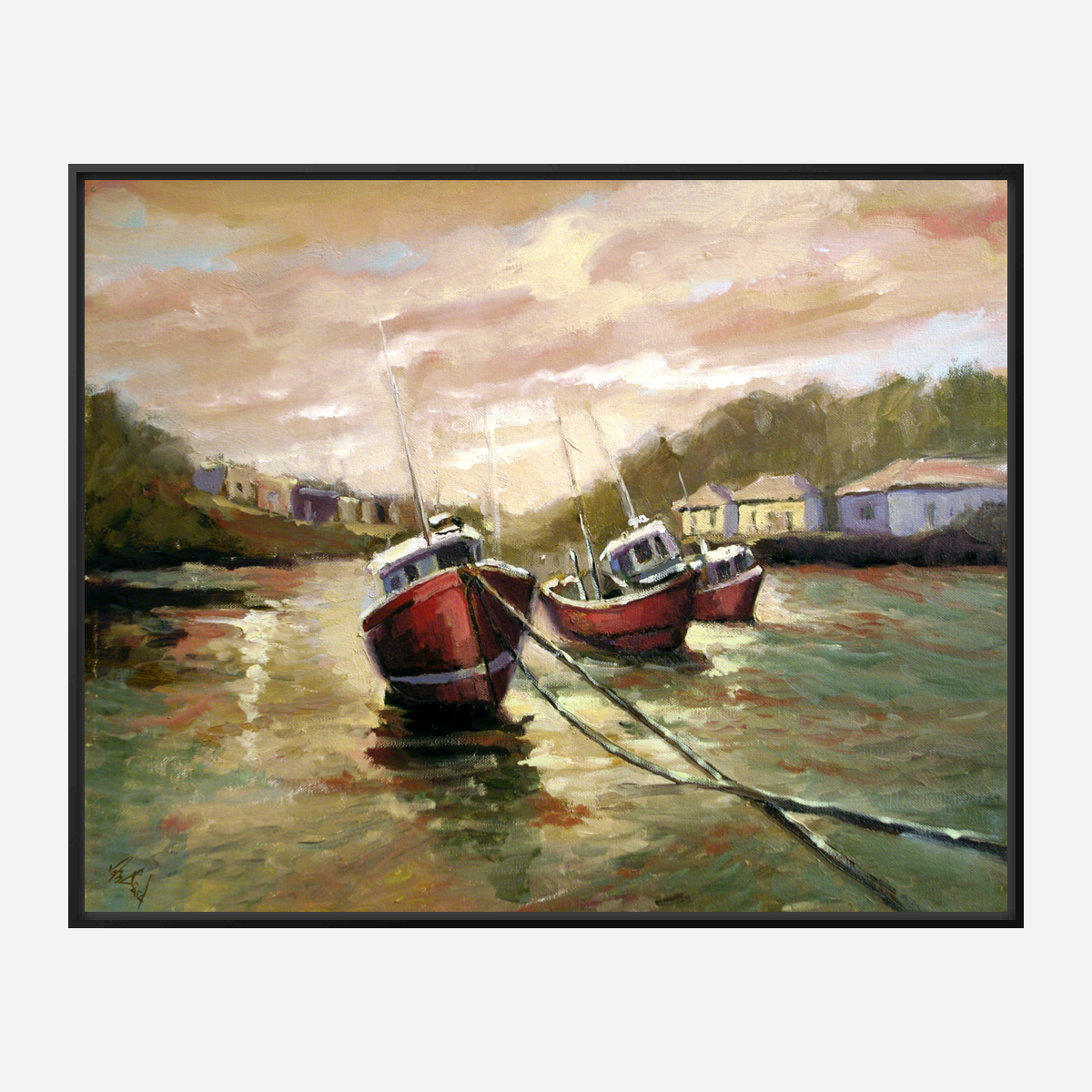 Fishing Boats at Sunset Artist Enhanced Canvas Print