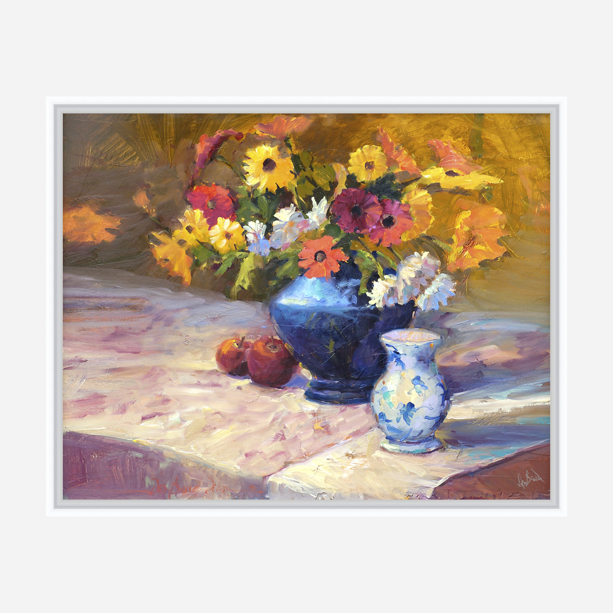 Flowers with Blue Vase Artist Enhanced Canvas Print