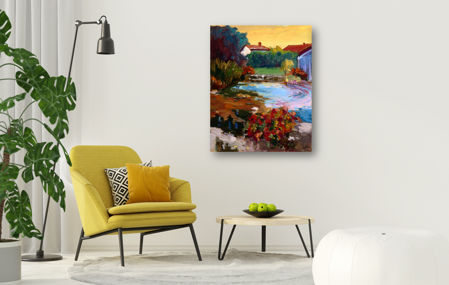 French Village with Pond Artist Enhanced Canvas Print