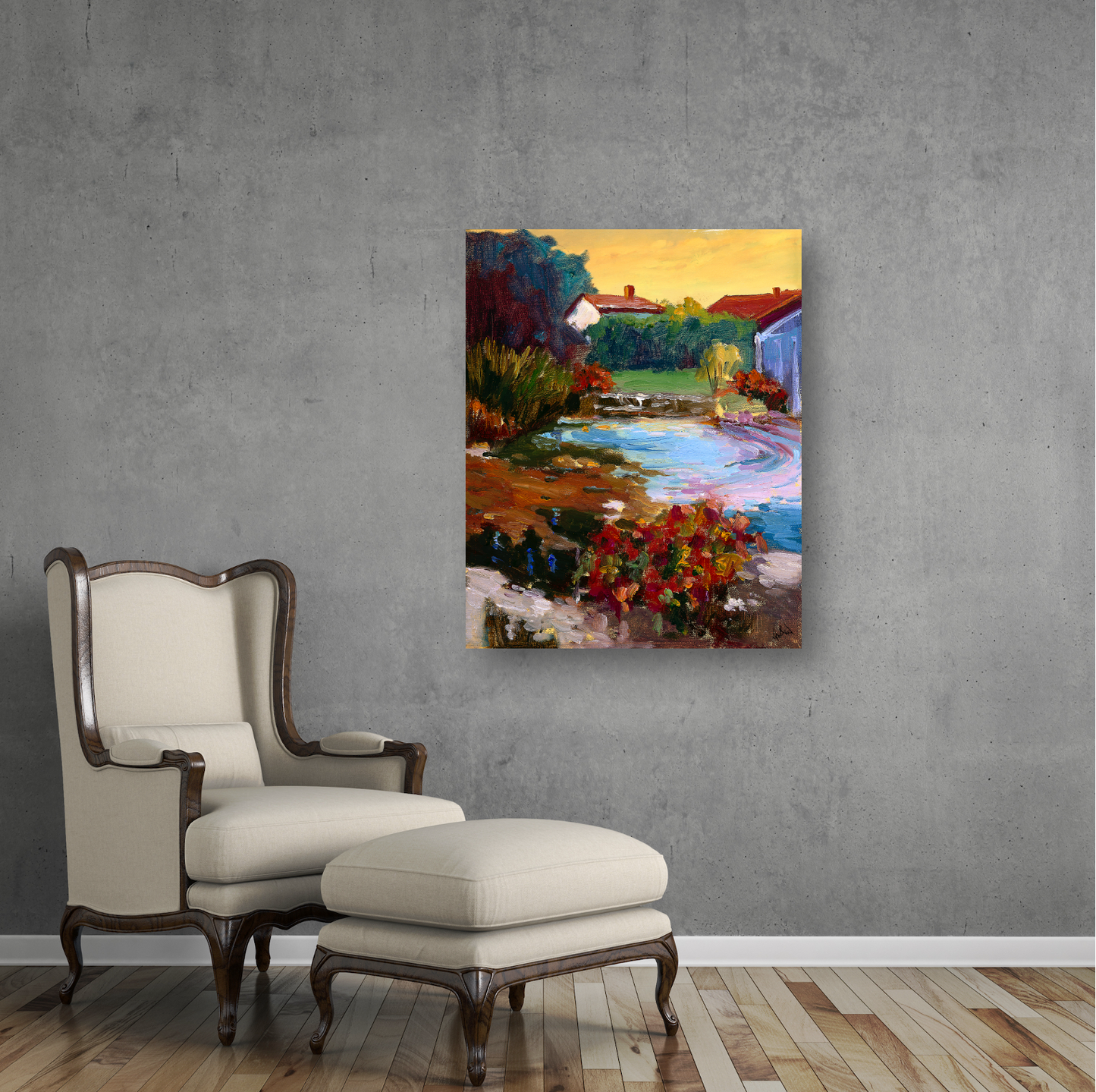 French Village with Pond Artist Enhanced Canvas Print