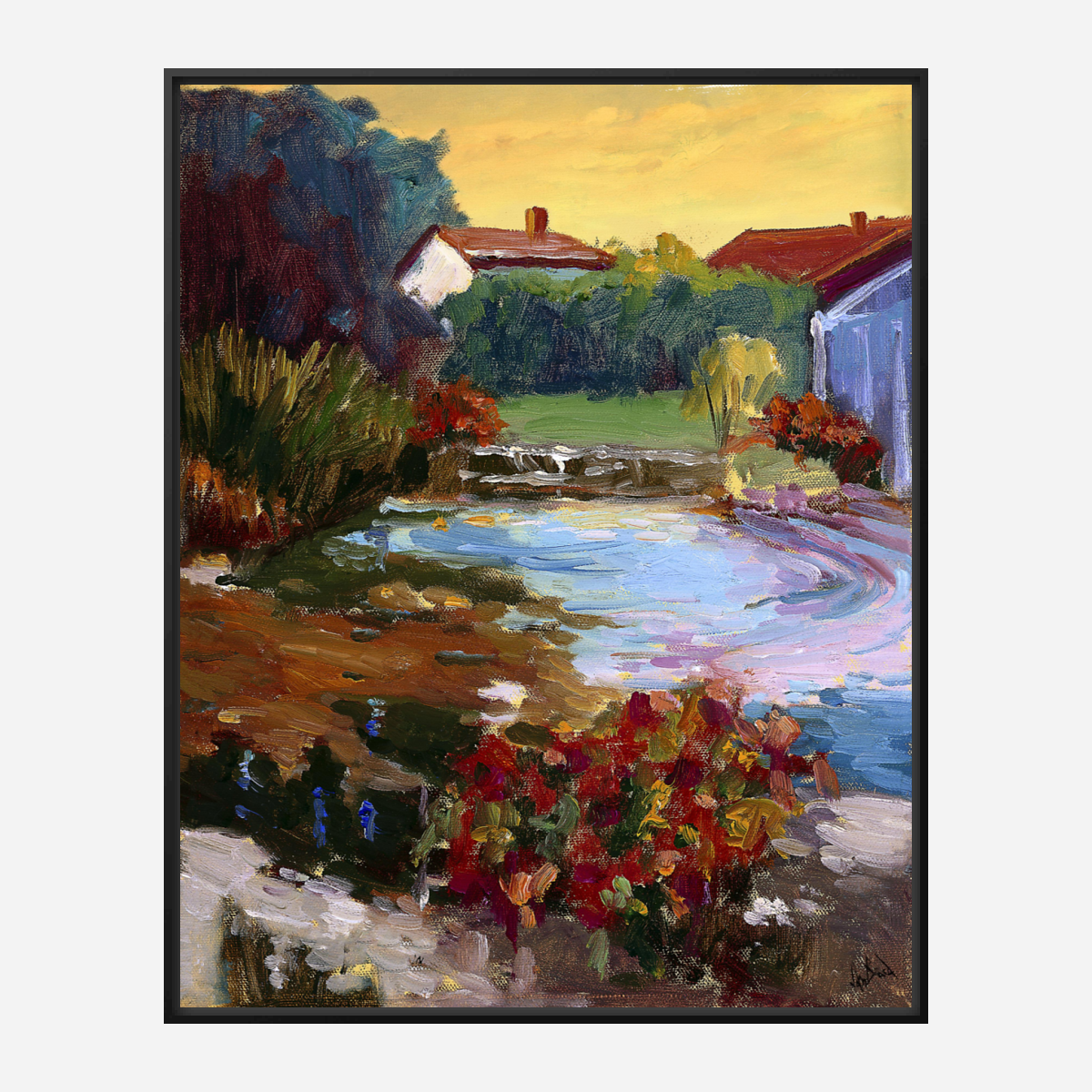 French Village with Pond Artist Enhanced Canvas Print