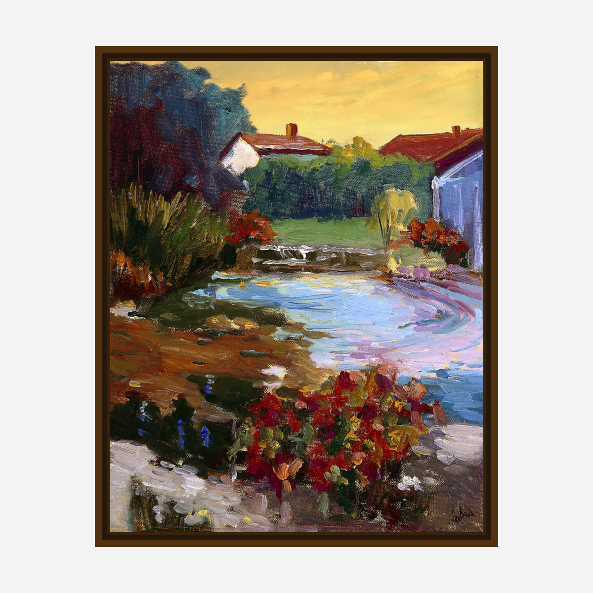 French Village with Pond Artist Enhanced Canvas Print