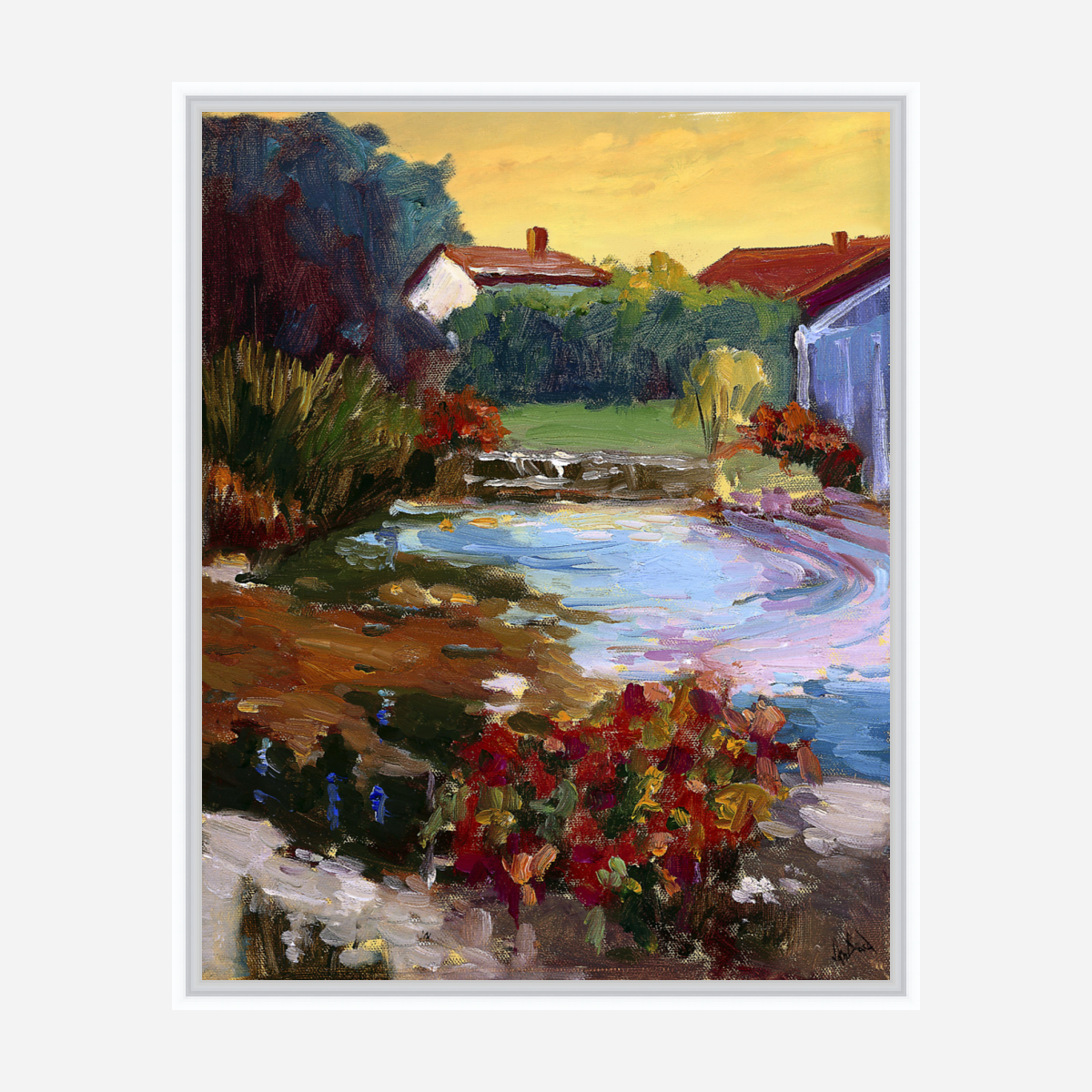 French Village with Pond Artist Enhanced Canvas Print