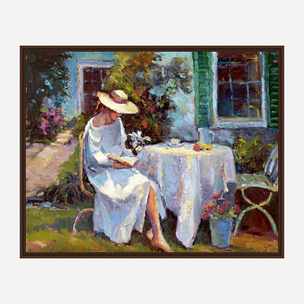 Reading in the Garden Artist Enhanced Canvas Print