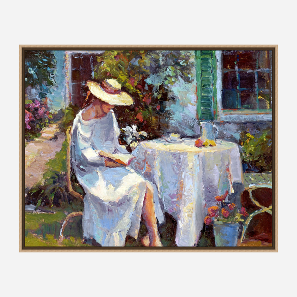 Reading in the Garden Artist Enhanced Canvas Print