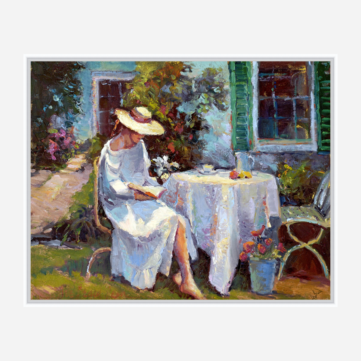 Reading in the Garden Artist Enhanced Canvas Print