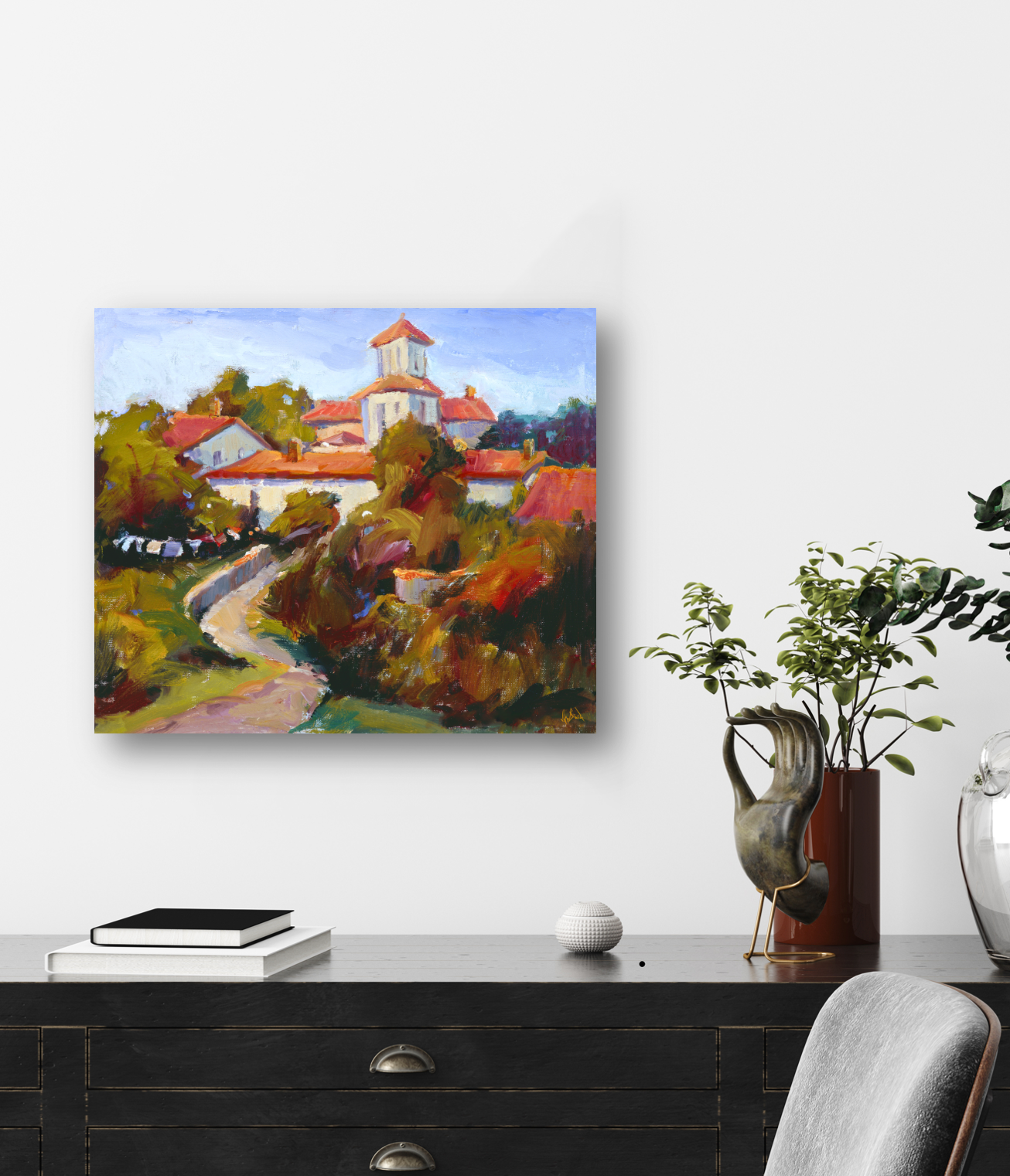 Red Rooftops with Path Enhanced Canvas Print