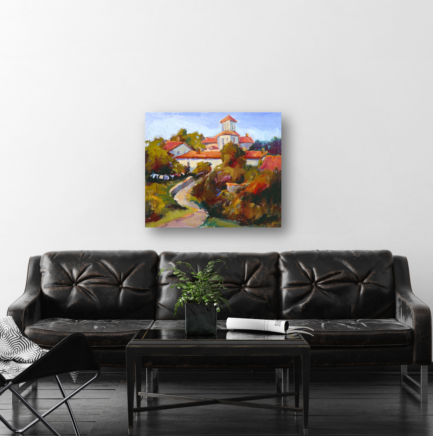 Red Rooftops with Path Enhanced Canvas Print