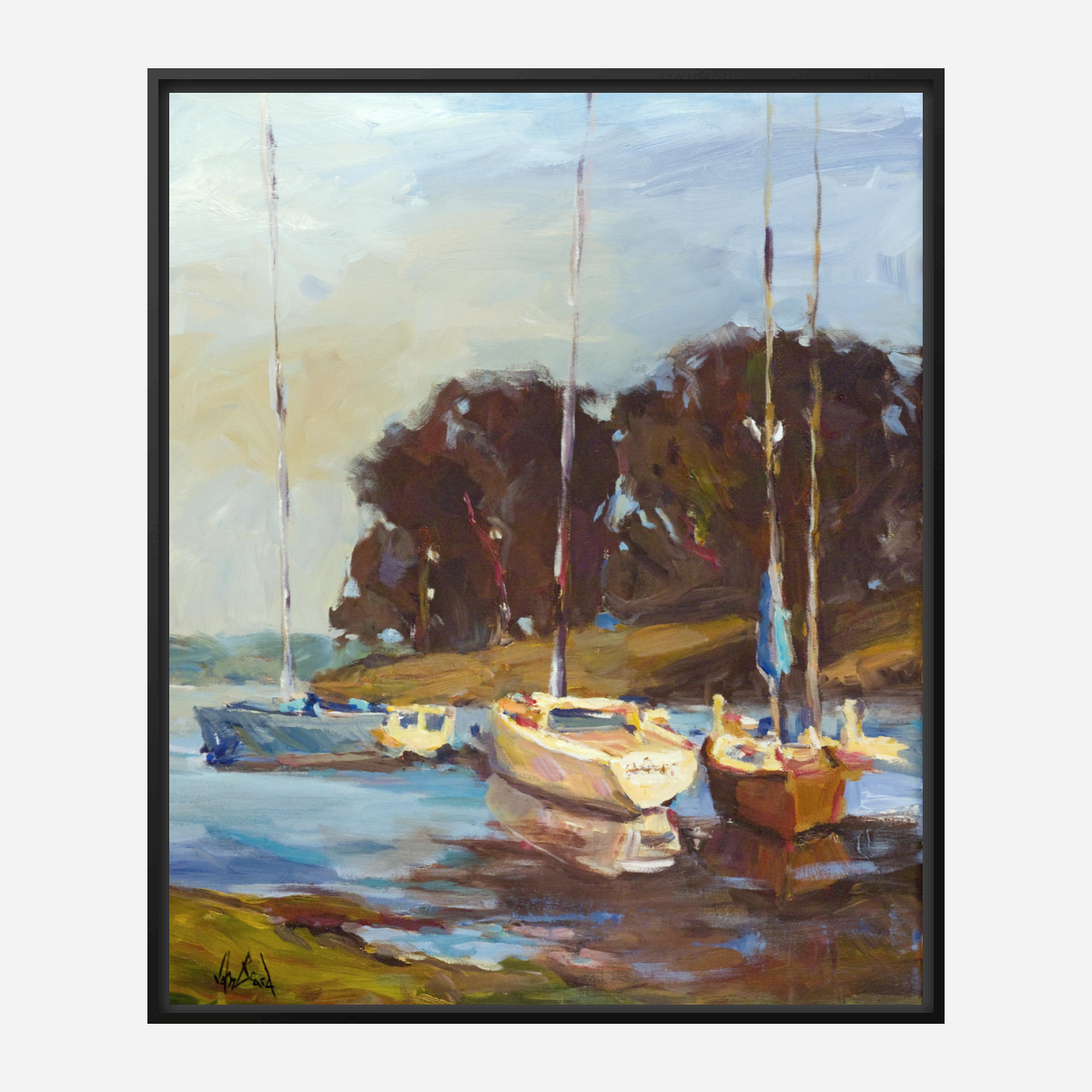 Sailboats in Cove Artist Enhanced Canvas Print