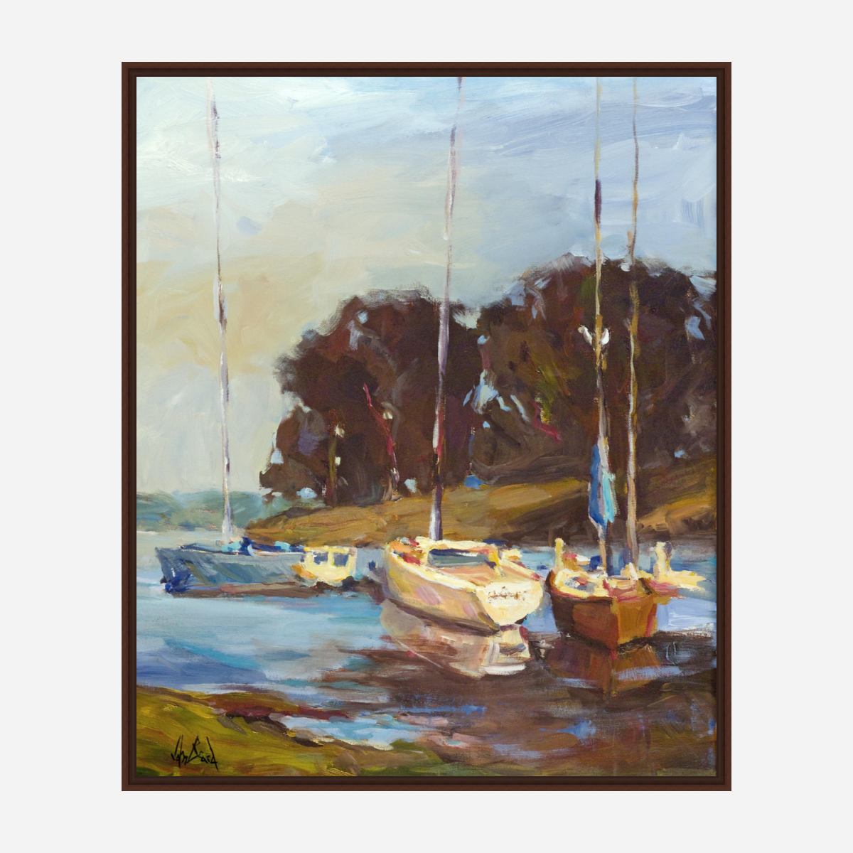 Sailboats in Cove Artist Enhanced Canvas Print