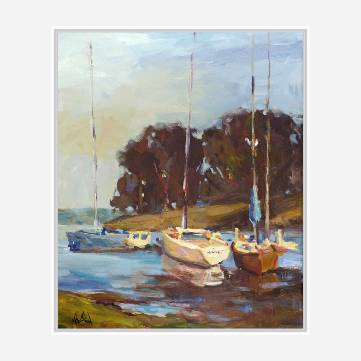 Sailboats in Cove Artist Enhanced Canvas Print