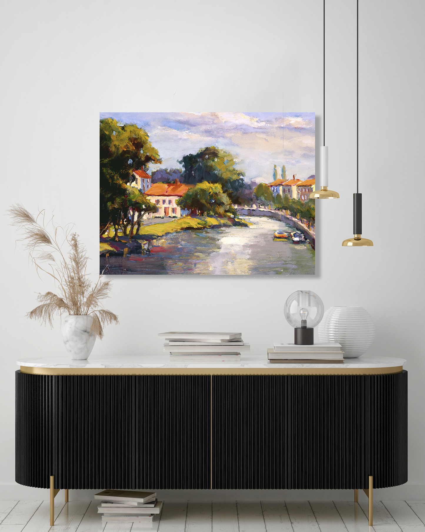 French Village with Canal Artist Enhanced Canvas Print