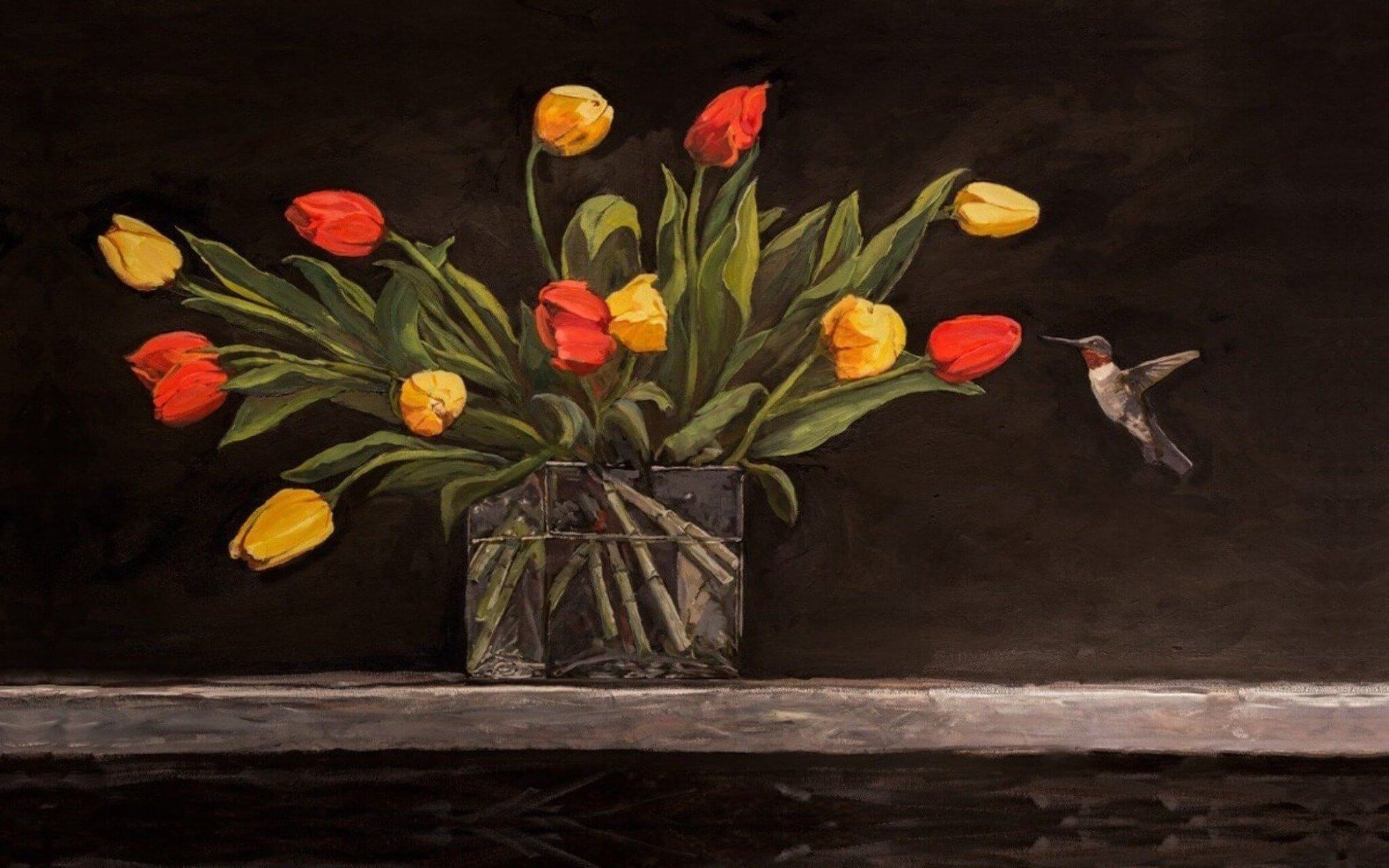Realism Art Hummingbird & Tulips John Beard Collection